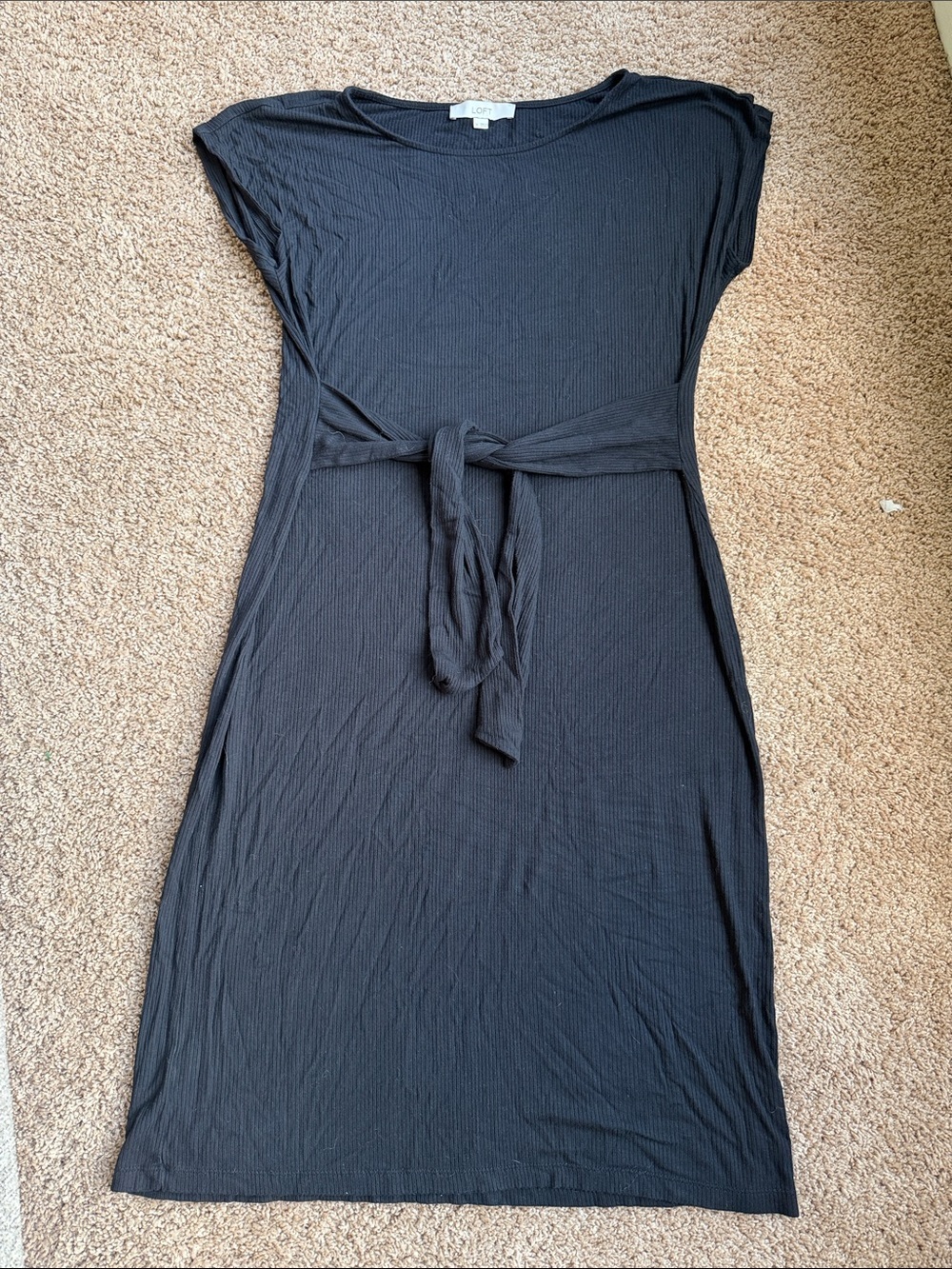 LOFT Black Ribbed Midi Tie-Waist Dress Size M